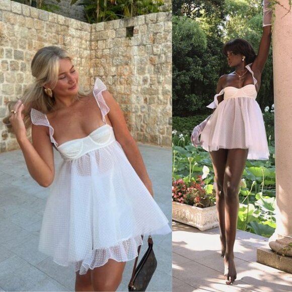 The Bar Kennedy Mini Dress Swiss Dot Blanc White Sheer Babydoll Tulle Size 00 - Picture 2 of 16